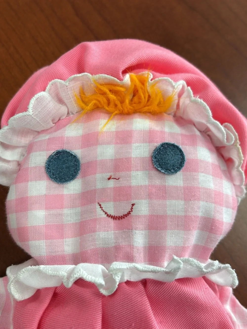 Vintage Fisher-Price Pink Gingham Plush Doll with Pink Dress and Interior Rattle